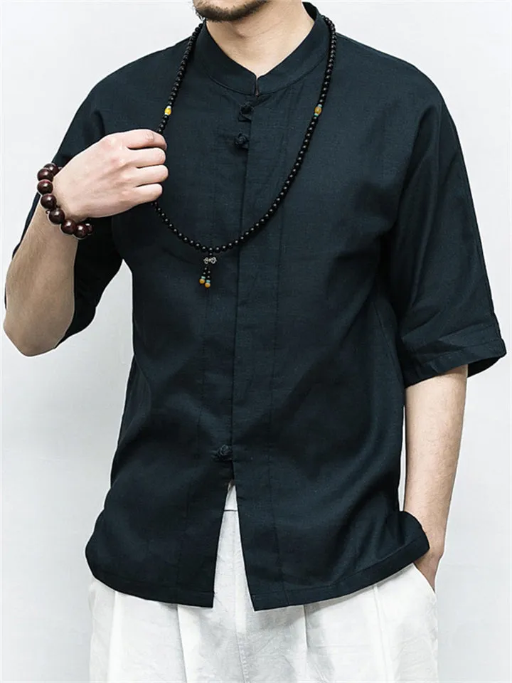 Men's Summer Vacation Stand Collar Button Short Sleeve Linen Shirt