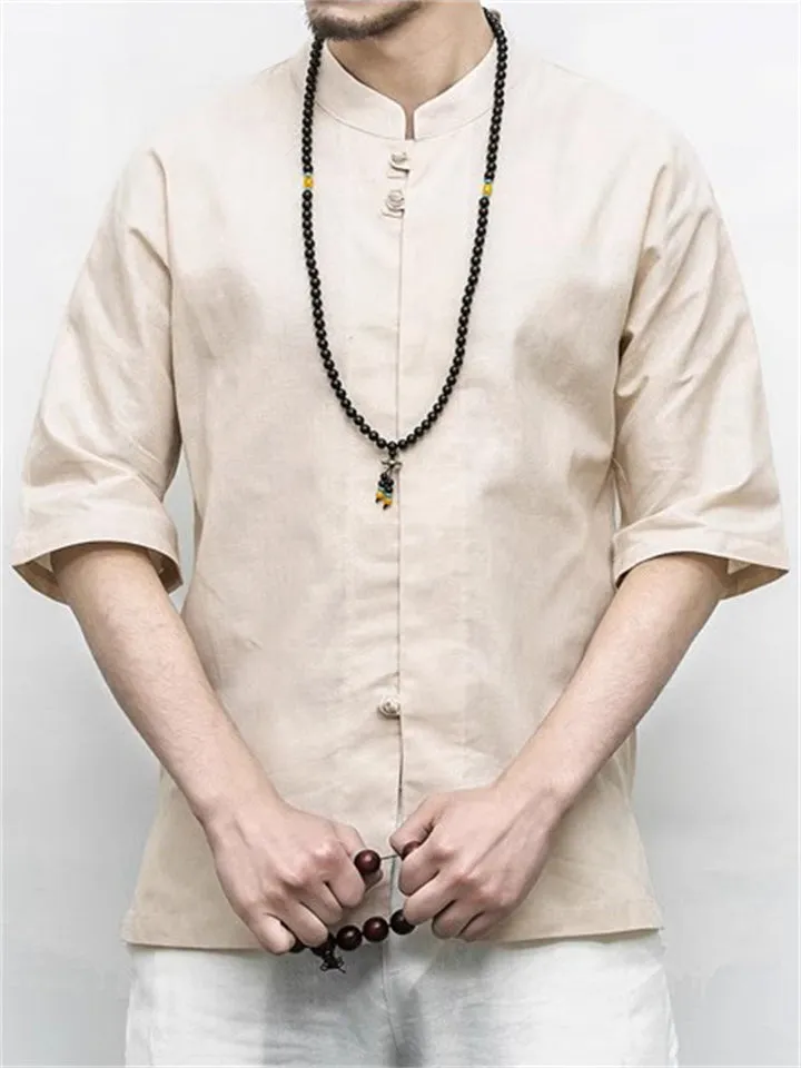 Men's Summer Vacation Stand Collar Button Short Sleeve Linen Shirt