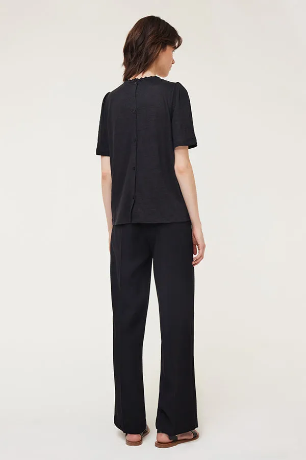 MILENNY BLACK NECK DETAIL LINEN T-SHIRT