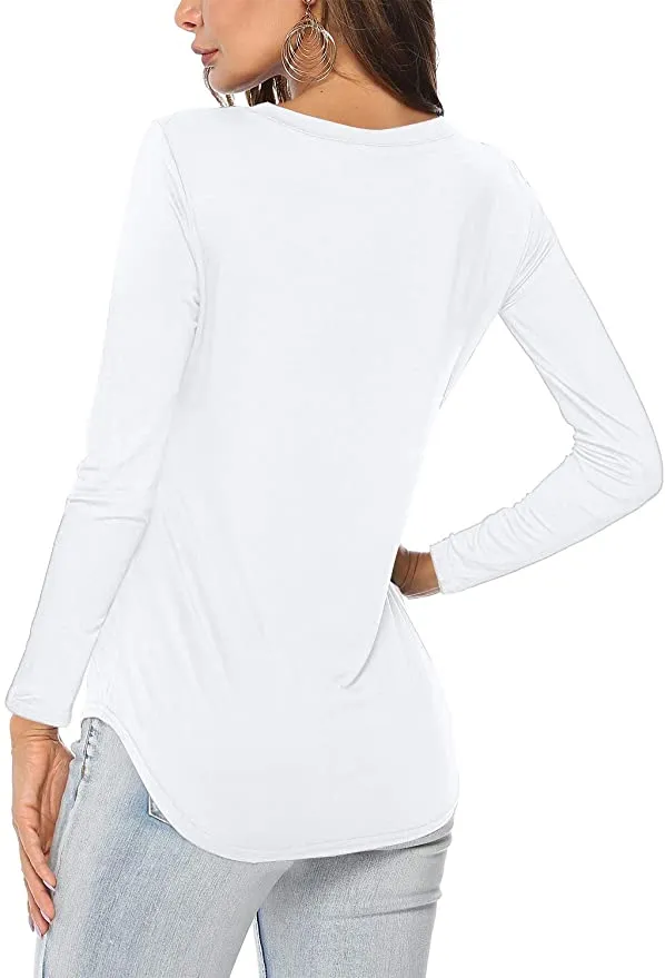 New Women's Liofoer Long Sleeve V Neck curved hem Top, white, Sz M!
