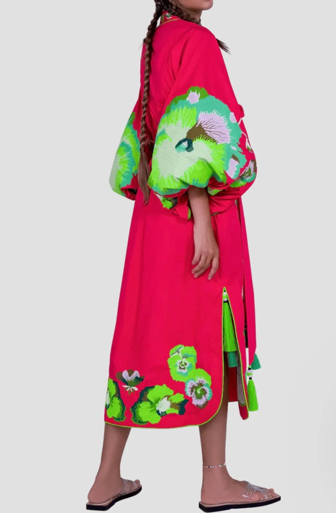 Pink embroidered pansies dress