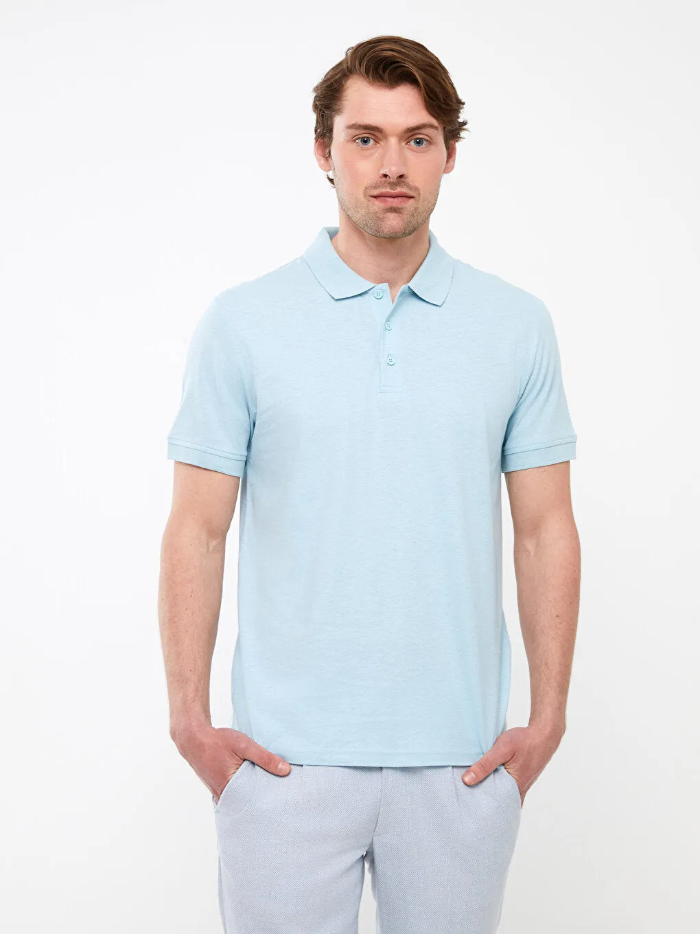 Polo Neck Short Sleeve Linen Blend Men's T-Shirt