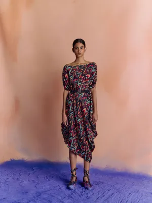 Studio Rigu   I   Womenswear, Western Ikat Draped Dress Ikat Print On Black Base Srdd035