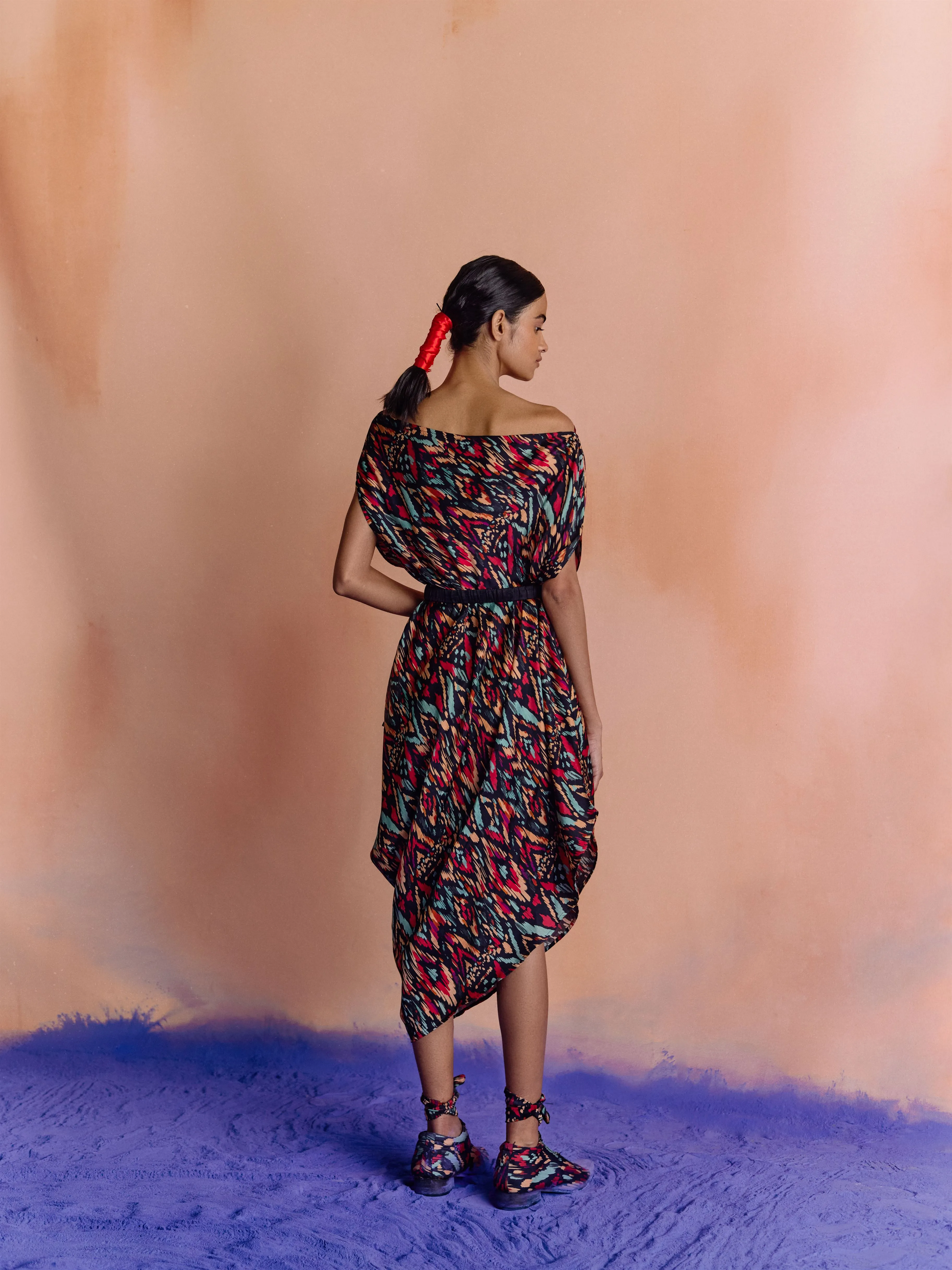 Studio Rigu   I   Womenswear, Western Ikat Draped Dress Ikat Print On Black Base Srdd035