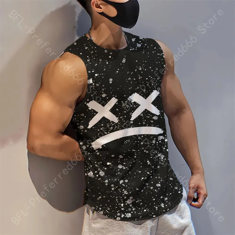 Summer Men Gym Tank Tops Mesh Running Sport Fitness Sleeveless Shirt Smile 3D Printed Vintage Quick Dry Singlets Men's Clothing