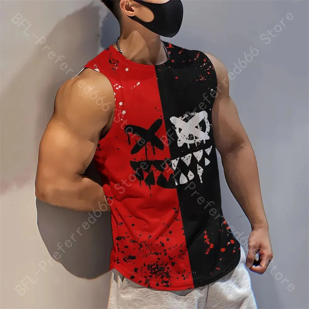 Summer Men Gym Tank Tops Mesh Running Sport Fitness Sleeveless Shirt Smile 3D Printed Vintage Quick Dry Singlets Men's Clothing