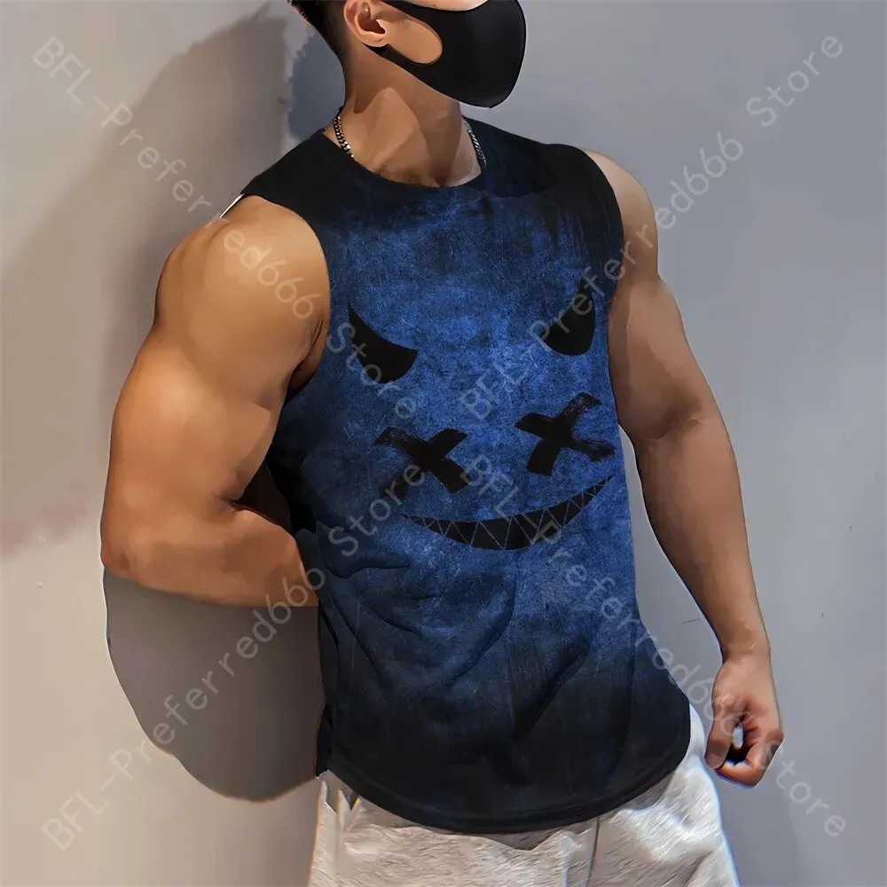 Summer Men Gym Tank Tops Mesh Running Sport Fitness Sleeveless Shirt Smile 3D Printed Vintage Quick Dry Singlets Men's Clothing