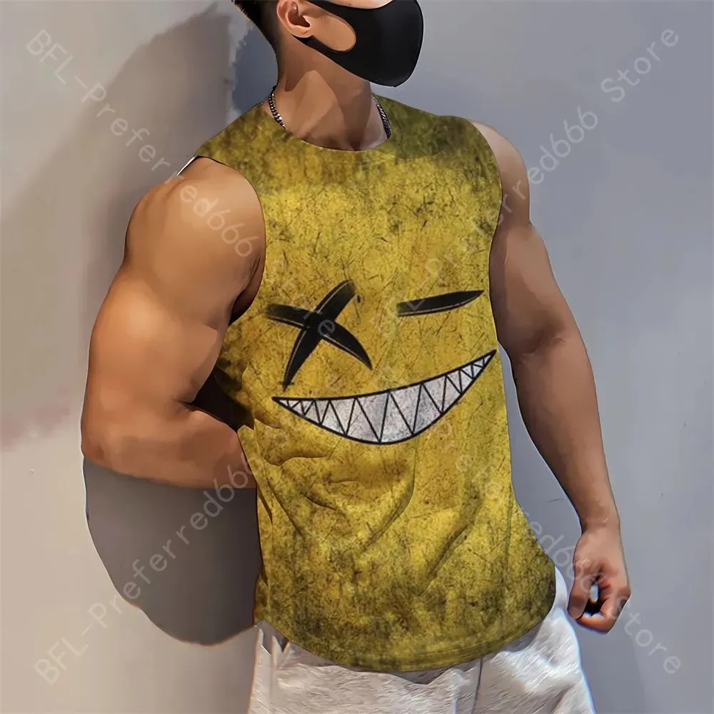 Summer Men Gym Tank Tops Mesh Running Sport Fitness Sleeveless Shirt Smile 3D Printed Vintage Quick Dry Singlets Men's Clothing