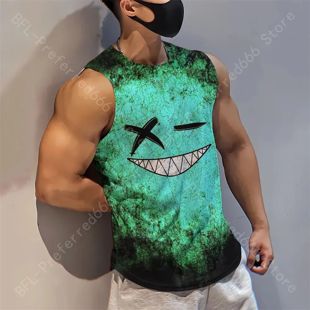 Summer Men Gym Tank Tops Mesh Running Sport Fitness Sleeveless Shirt Smile 3D Printed Vintage Quick Dry Singlets Men's Clothing