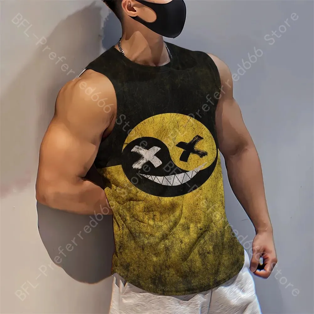 Summer Men Gym Tank Tops Mesh Running Sport Fitness Sleeveless Shirt Smile 3D Printed Vintage Quick Dry Singlets Men's Clothing