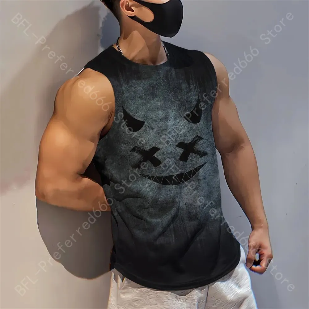 Summer Men Gym Tank Tops Mesh Running Sport Fitness Sleeveless Shirt Smile 3D Printed Vintage Quick Dry Singlets Men's Clothing