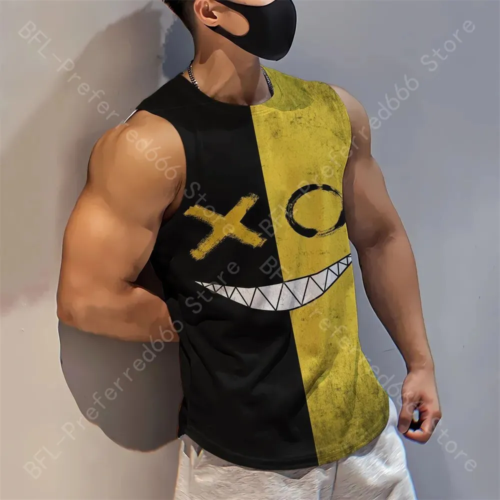 Summer Men Gym Tank Tops Mesh Running Sport Fitness Sleeveless Shirt Smile 3D Printed Vintage Quick Dry Singlets Men's Clothing