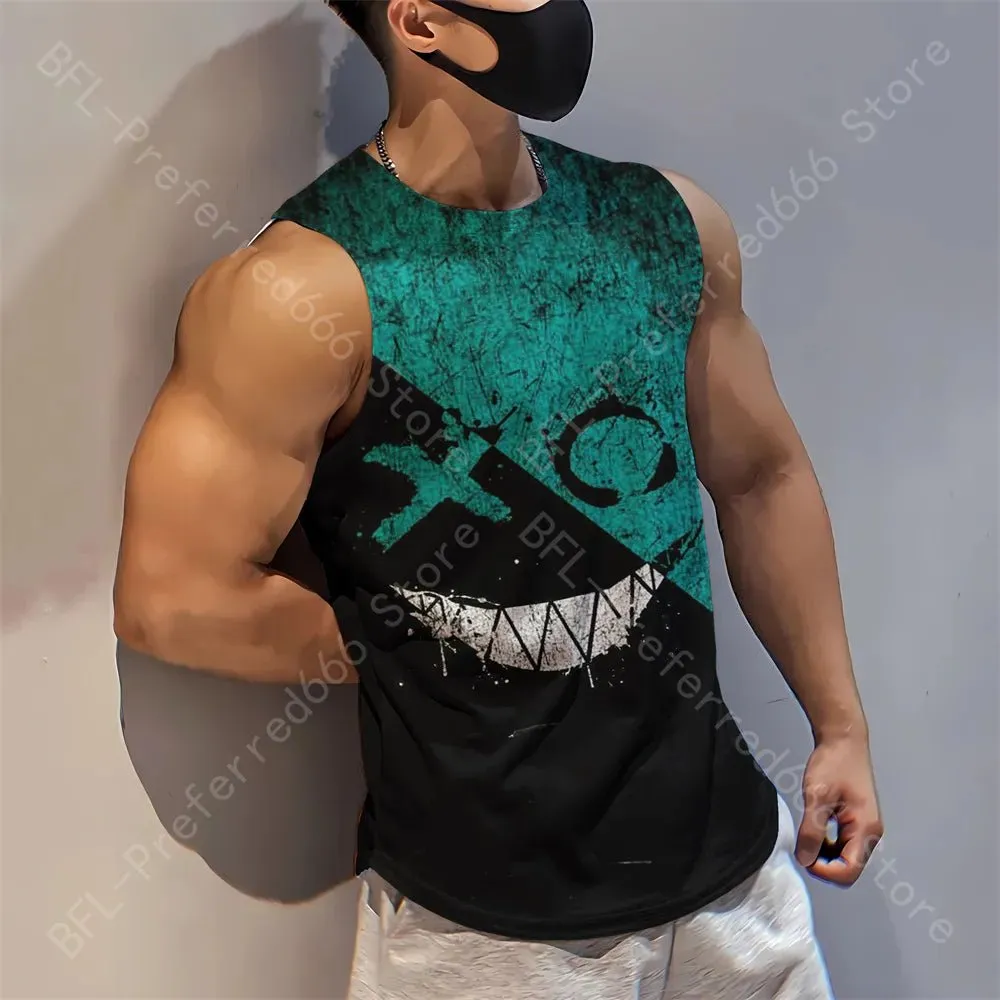 Summer Men Gym Tank Tops Mesh Running Sport Fitness Sleeveless Shirt Smile 3D Printed Vintage Quick Dry Singlets Men's Clothing
