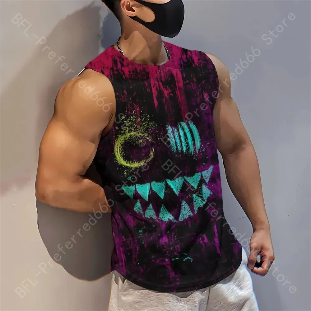 Summer Men Gym Tank Tops Mesh Running Sport Fitness Sleeveless Shirt Smile 3D Printed Vintage Quick Dry Singlets Men's Clothing