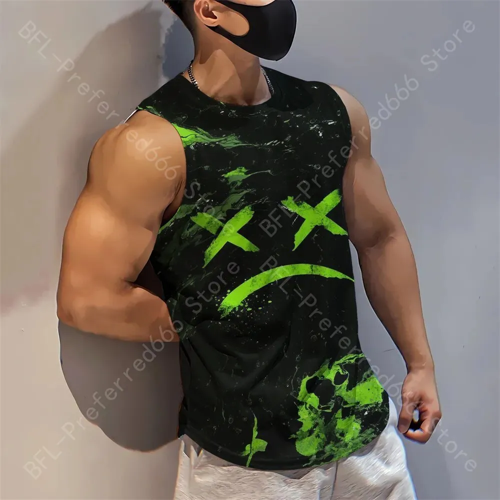 Summer Men Gym Tank Tops Mesh Running Sport Fitness Sleeveless Shirt Smile 3D Printed Vintage Quick Dry Singlets Men's Clothing