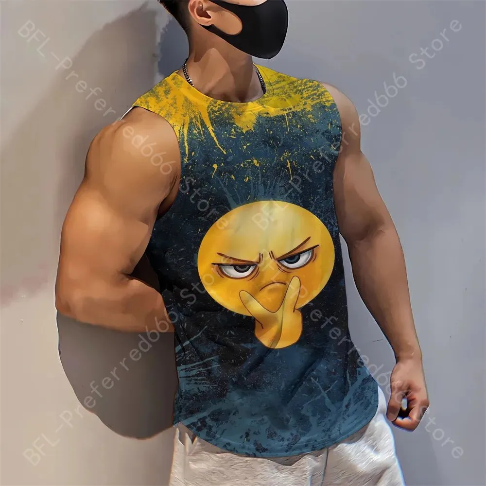 Summer Men Gym Tank Tops Mesh Running Sport Fitness Sleeveless Shirt Smile 3D Printed Vintage Quick Dry Singlets Men's Clothing