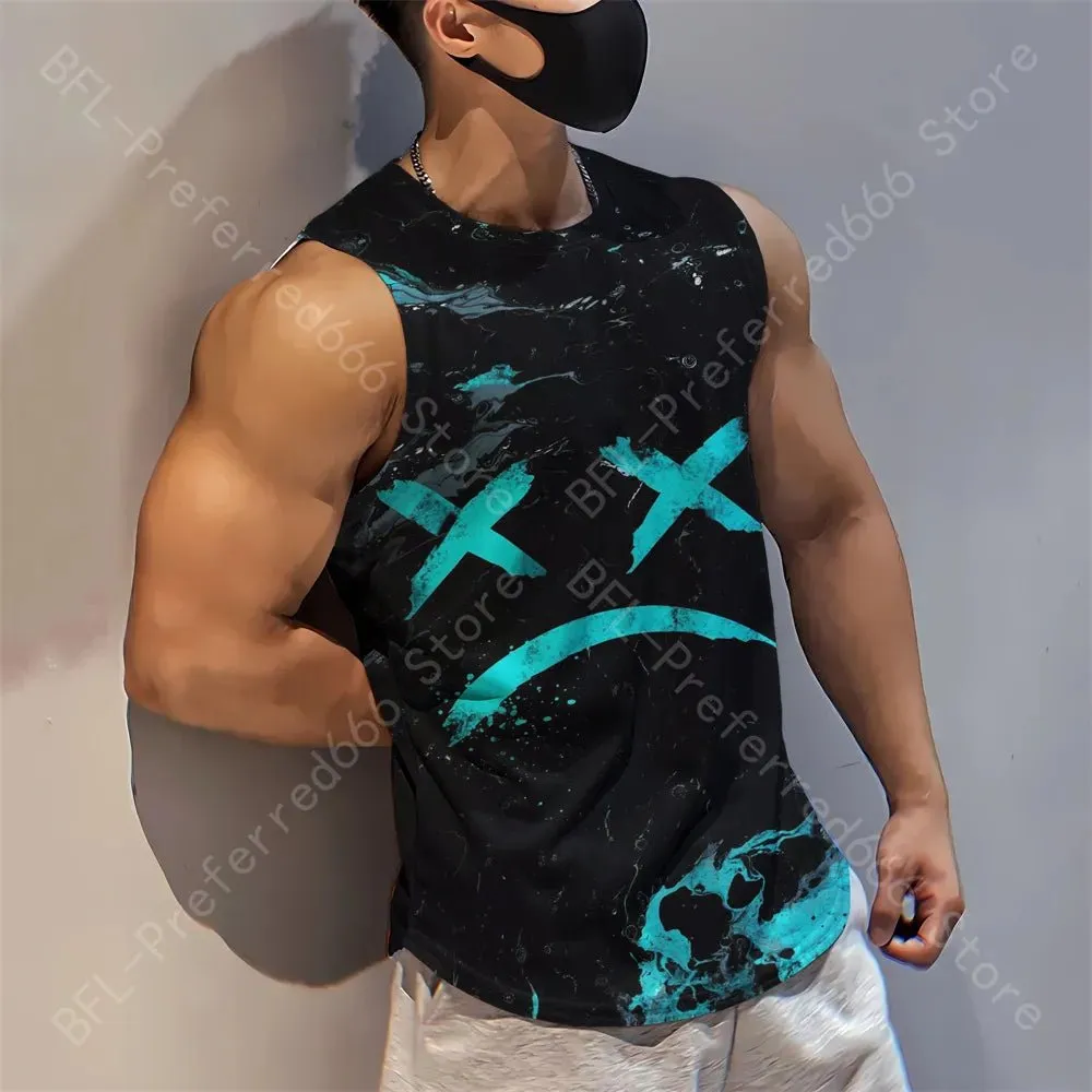 Summer Men Gym Tank Tops Mesh Running Sport Fitness Sleeveless Shirt Smile 3D Printed Vintage Quick Dry Singlets Men's Clothing