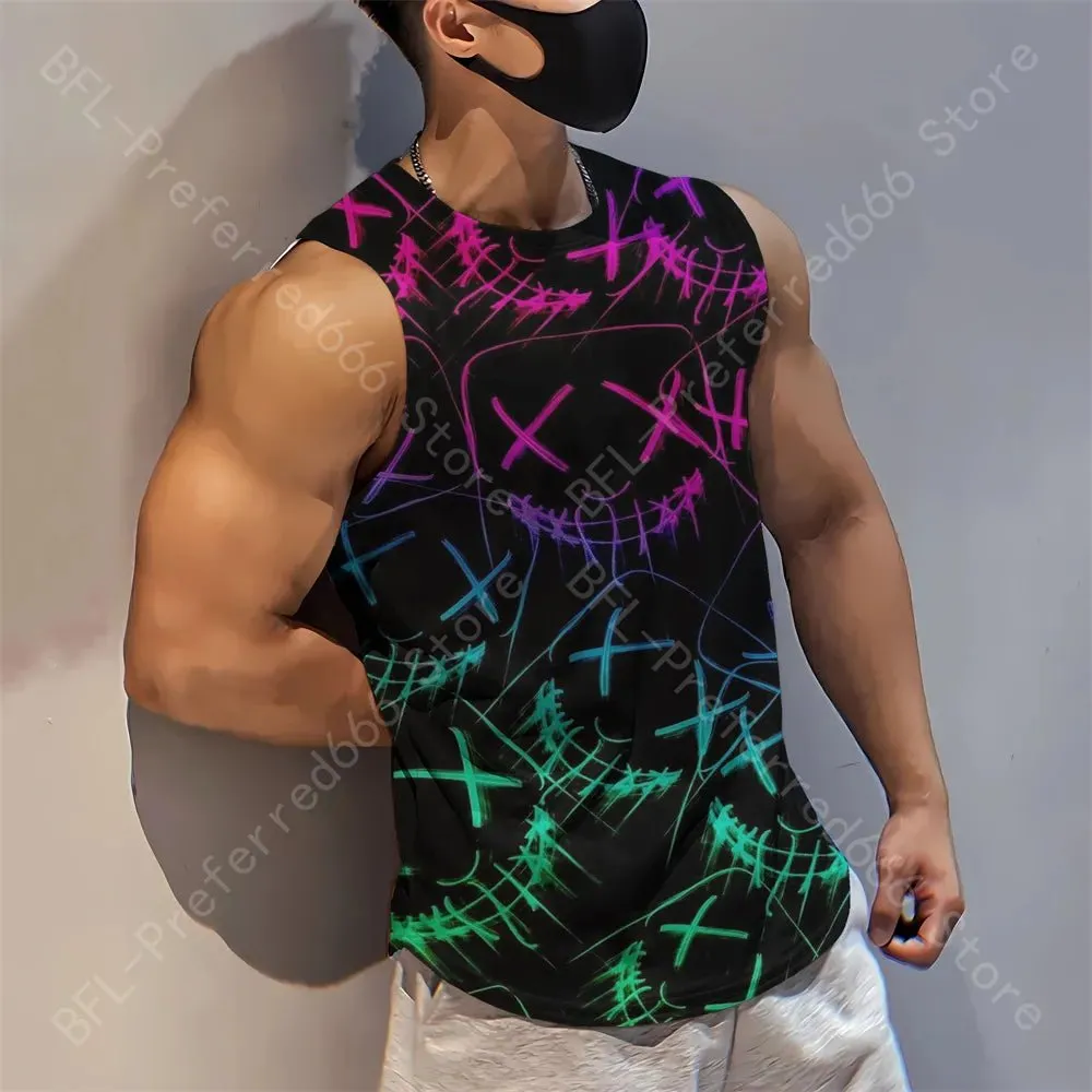 Summer Men Gym Tank Tops Mesh Running Sport Fitness Sleeveless Shirt Smile 3D Printed Vintage Quick Dry Singlets Men's Clothing