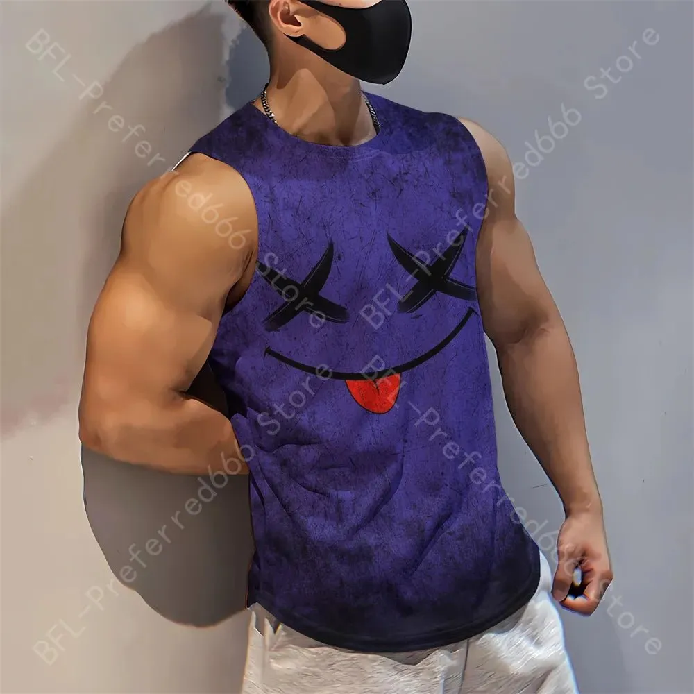 Summer Men Gym Tank Tops Mesh Running Sport Fitness Sleeveless Shirt Smile 3D Printed Vintage Quick Dry Singlets Men's Clothing