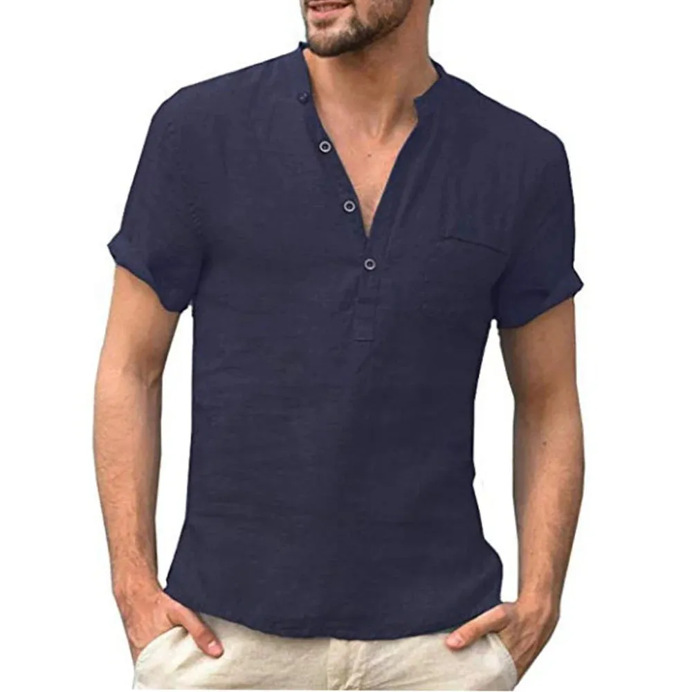 Summer Men's Cotton Linen Short-Sleeved T-shirt