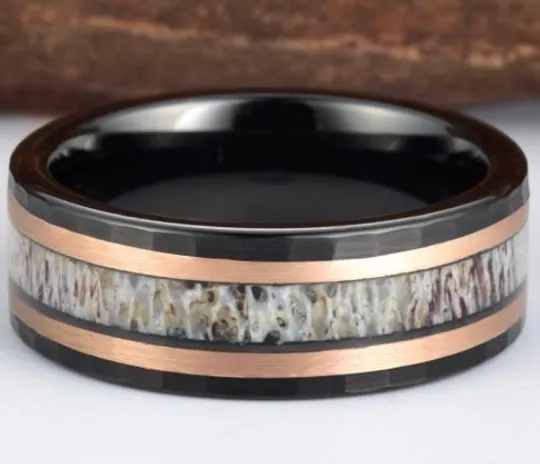 Tungsten Antler Rose Inlay Men's Wedding Band 8MM