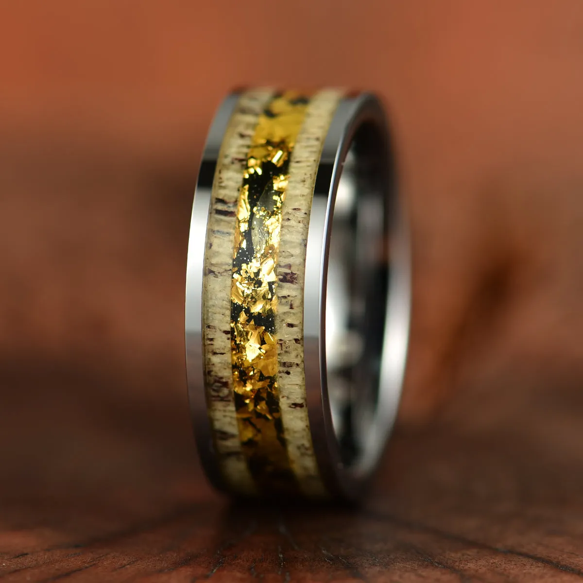 Tungsten Gold Leaf Antler Men's Wedding Band 8MM
