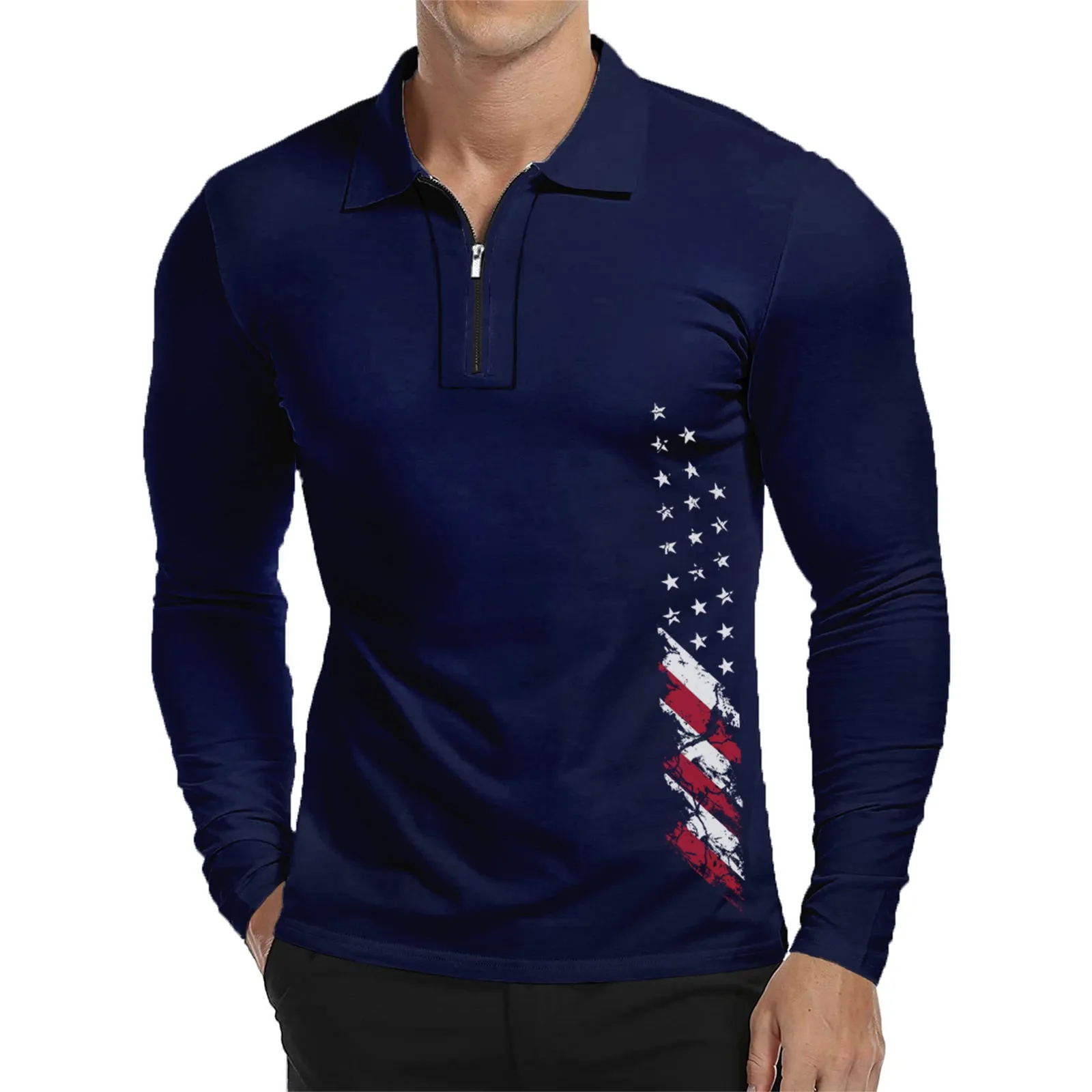 USA FLAG ZIPPER QUICK DRY GRAPHIC  LONG SLEEVE POLO SHIRT