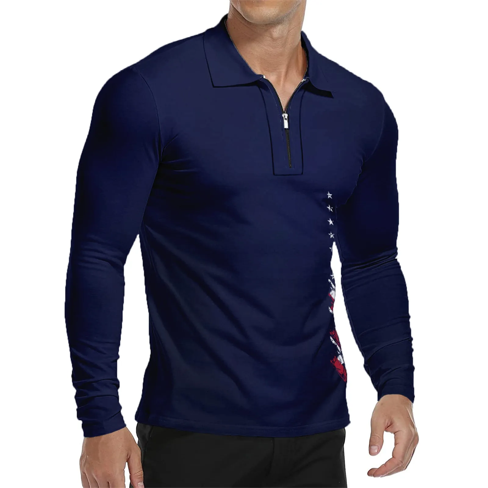 USA FLAG ZIPPER QUICK DRY GRAPHIC  LONG SLEEVE POLO SHIRT