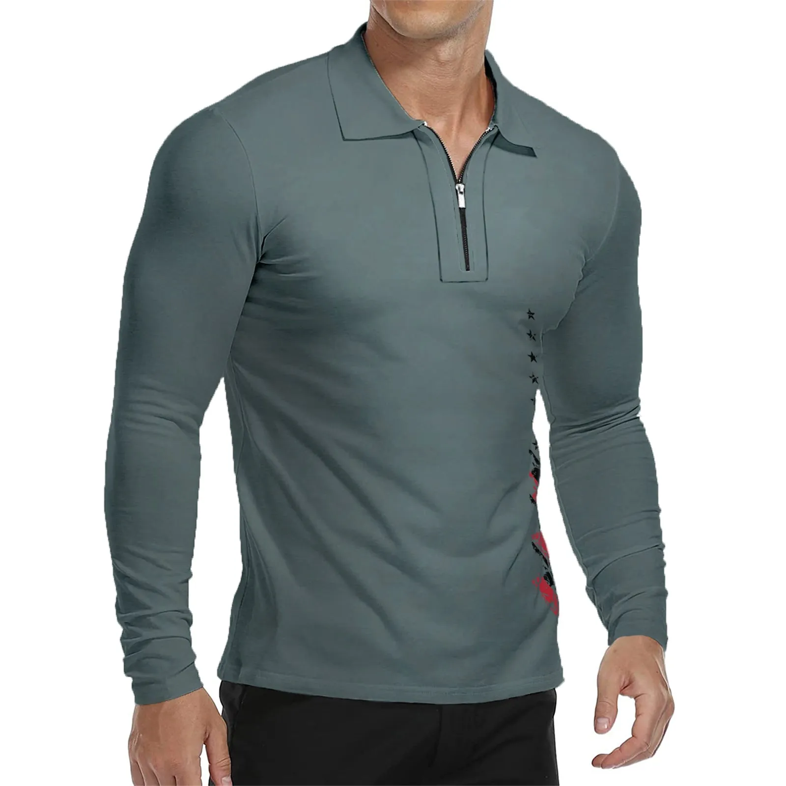 USA FLAG ZIPPER QUICK DRY GRAPHIC  LONG SLEEVE POLO SHIRT