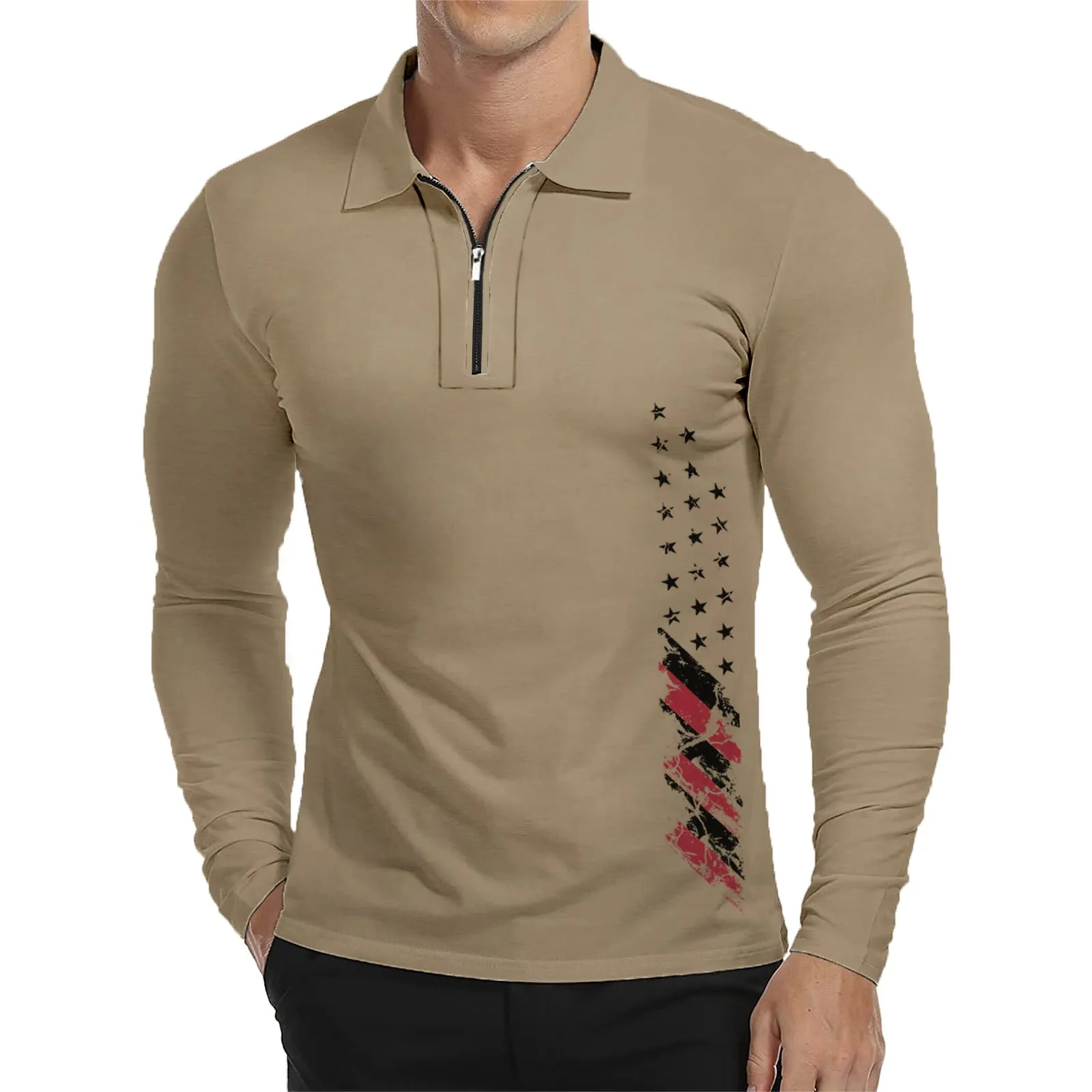 USA FLAG ZIPPER QUICK DRY GRAPHIC  LONG SLEEVE POLO SHIRT