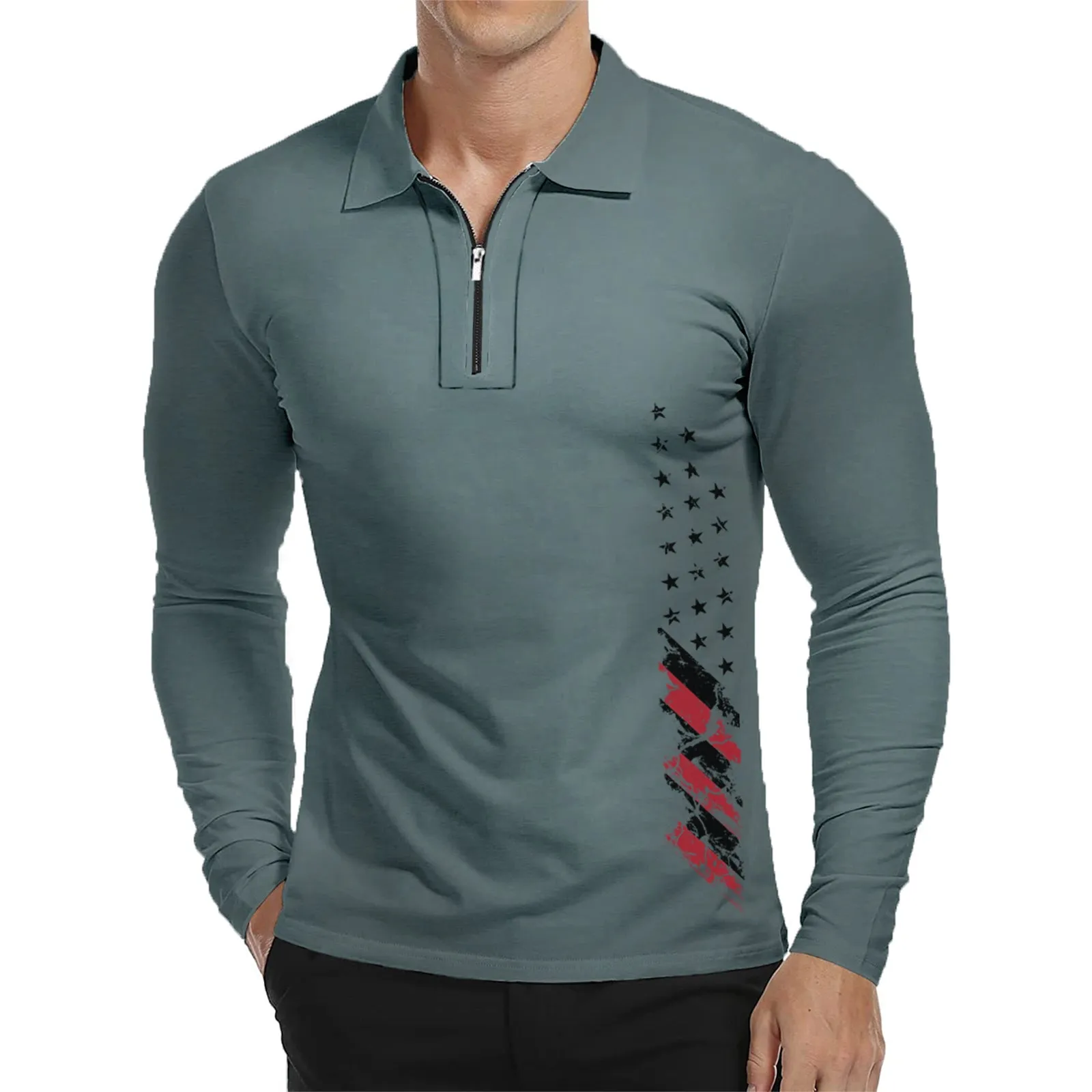 USA FLAG ZIPPER QUICK DRY GRAPHIC  LONG SLEEVE POLO SHIRT
