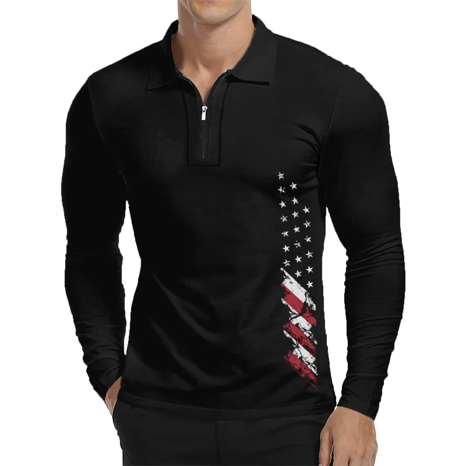 USA FLAG ZIPPER QUICK DRY GRAPHIC  LONG SLEEVE POLO SHIRT