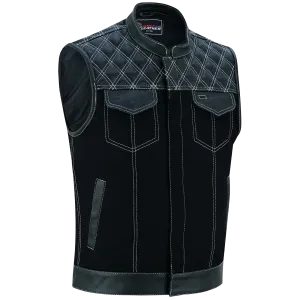 VB924WH Men's Denim & Leather Motorcycle Vest with Conceal Carry Pockets, SOA Biker Club Vest White Stitching, Diamond Padding, Snap & Zipper Closure