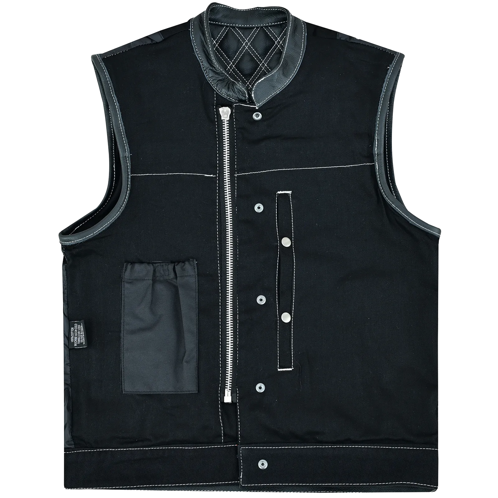 VB924WH Men's Denim & Leather Motorcycle Vest with Conceal Carry Pockets, SOA Biker Club Vest White Stitching, Diamond Padding, Snap & Zipper Closure