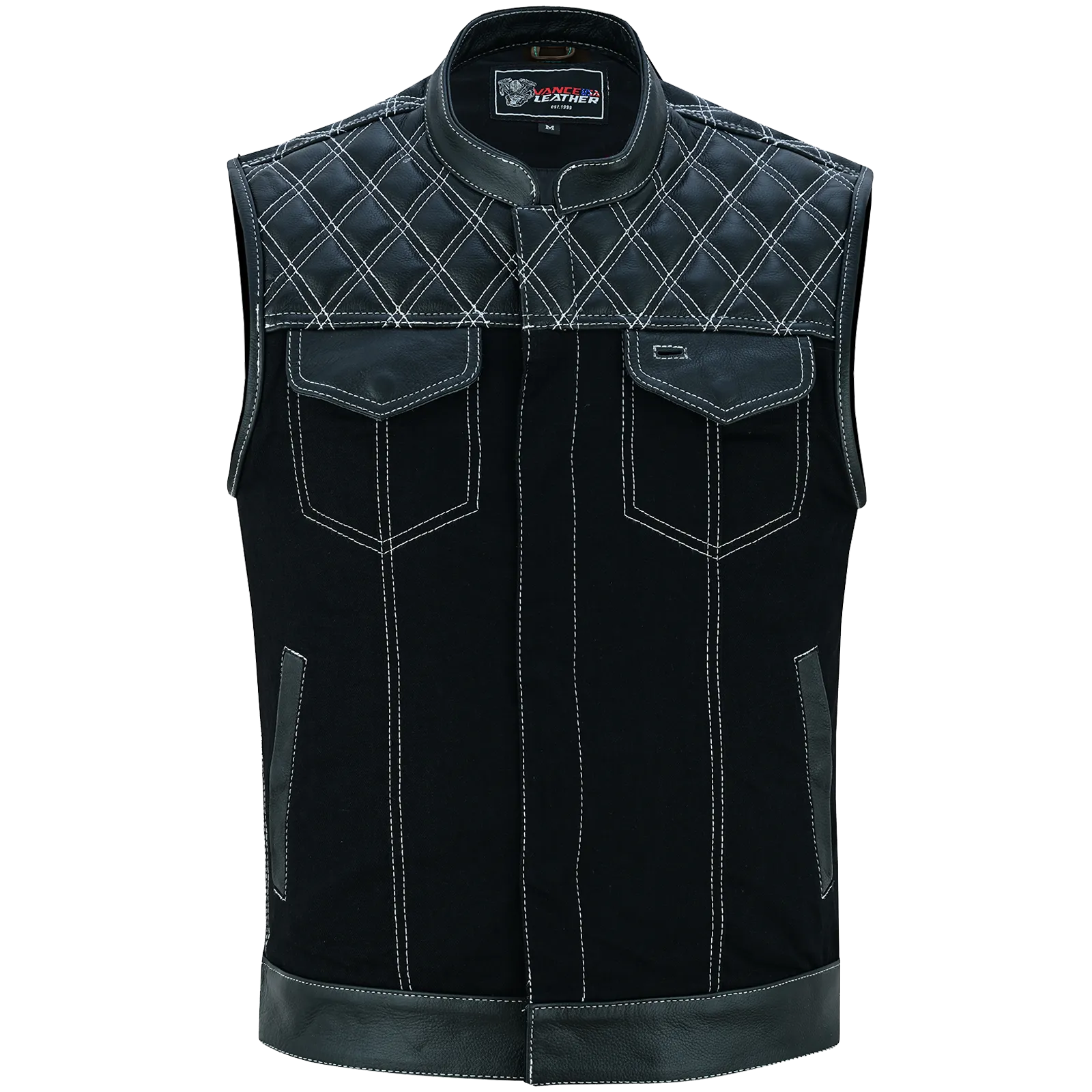 VB924WH Men's Denim & Leather Motorcycle Vest with Conceal Carry Pockets, SOA Biker Club Vest White Stitching, Diamond Padding, Snap & Zipper Closure