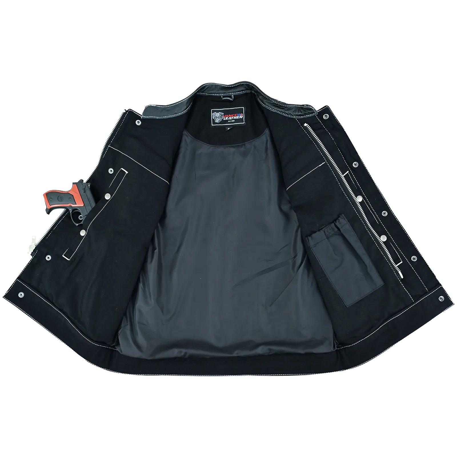 VB924WH Men's Denim & Leather Motorcycle Vest with Conceal Carry Pockets, SOA Biker Club Vest White Stitching, Diamond Padding, Snap & Zipper Closure