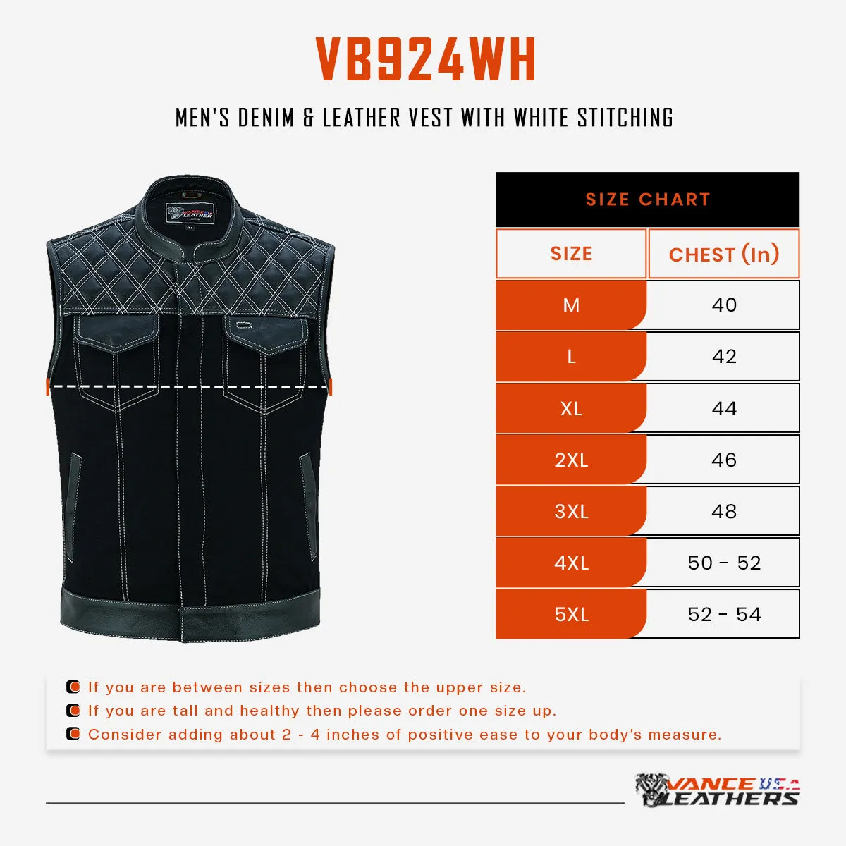 VB924WH Men's Denim & Leather Motorcycle Vest with Conceal Carry Pockets, SOA Biker Club Vest White Stitching, Diamond Padding, Snap & Zipper Closure