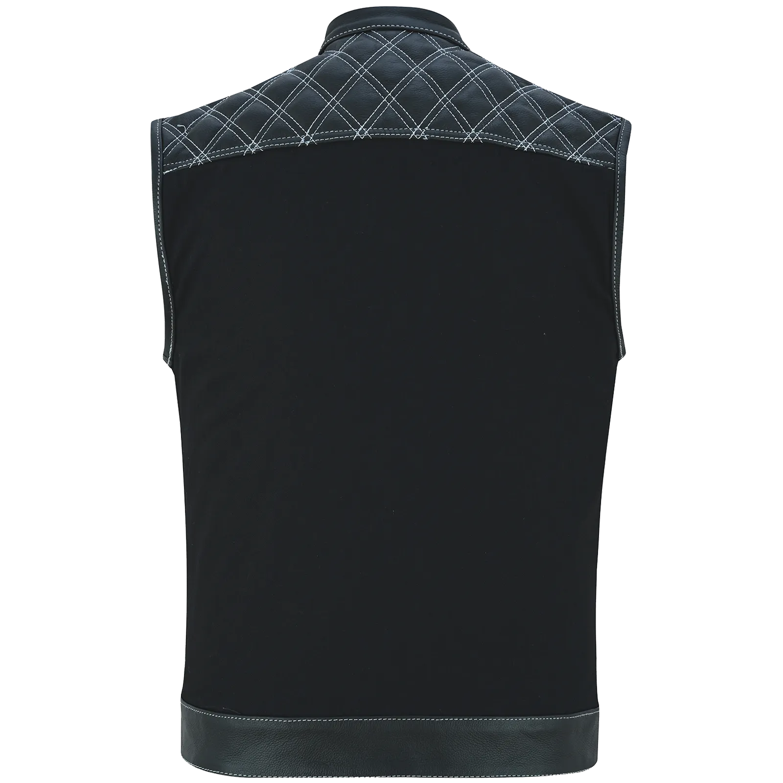 VB924WH Men's Denim & Leather Motorcycle Vest with Conceal Carry Pockets, SOA Biker Club Vest White Stitching, Diamond Padding, Snap & Zipper Closure