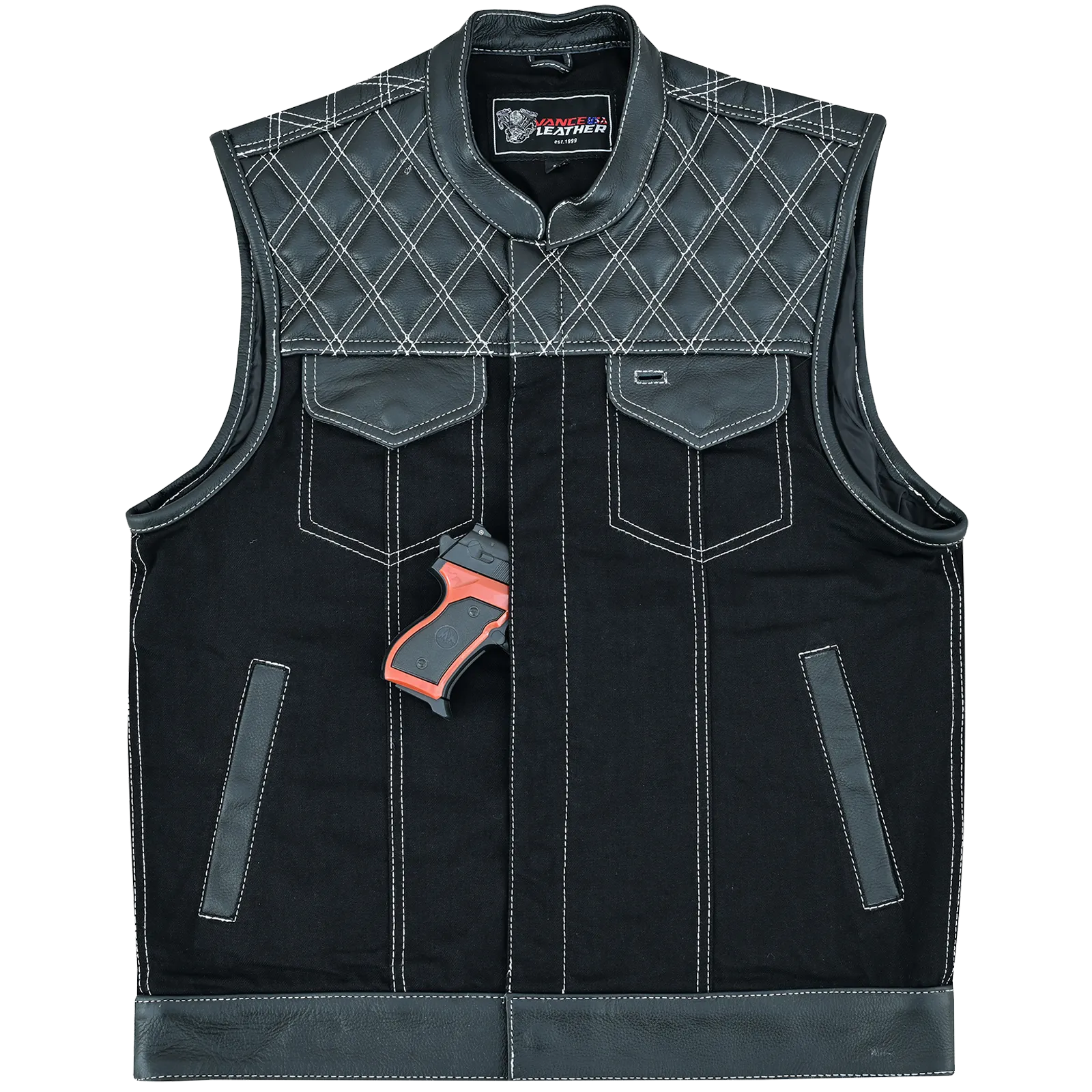 VB924WH Men's Denim & Leather Motorcycle Vest with Conceal Carry Pockets, SOA Biker Club Vest White Stitching, Diamond Padding, Snap & Zipper Closure