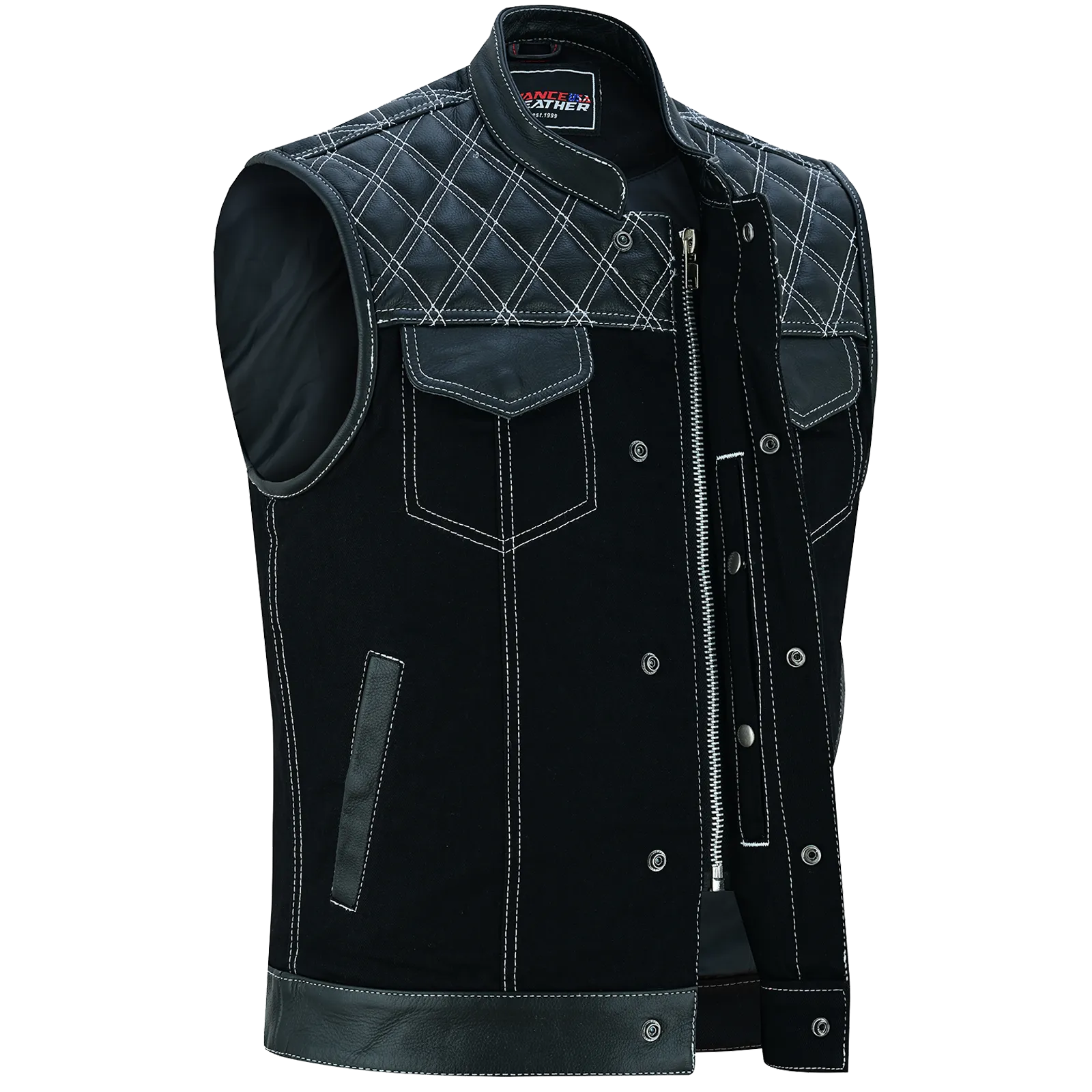 VB924WH Men's Denim & Leather Motorcycle Vest with Conceal Carry Pockets, SOA Biker Club Vest White Stitching, Diamond Padding, Snap & Zipper Closure