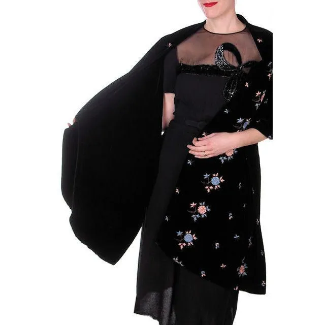 Vintage Black Velvet Wrap/Stole Blue/Pink Embroidery Flowers Gold Soutache 1950s