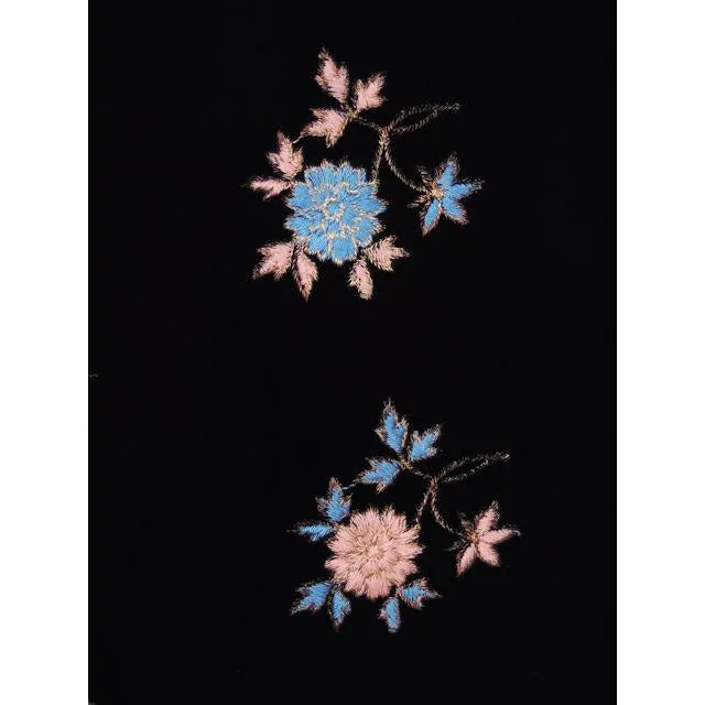 Vintage Black Velvet Wrap/Stole Blue/Pink Embroidery Flowers Gold Soutache 1950s