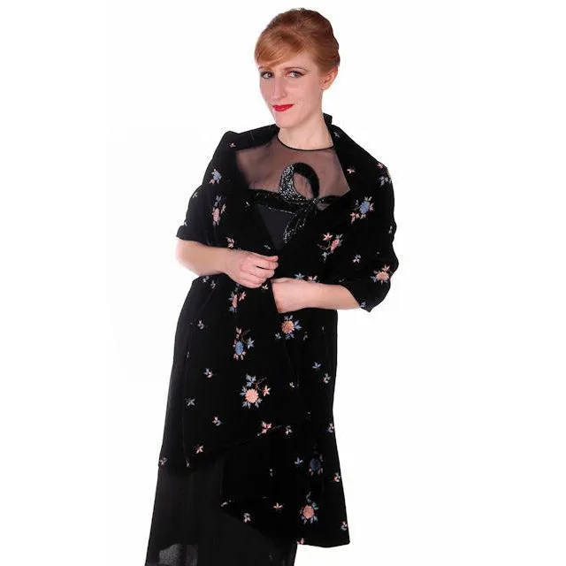 Vintage Black Velvet Wrap/Stole Blue/Pink Embroidery Flowers Gold Soutache 1950s