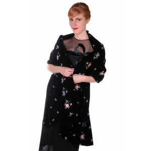 Vintage Black Velvet Wrap/Stole Blue/Pink Embroidery Flowers Gold Soutache 1950s