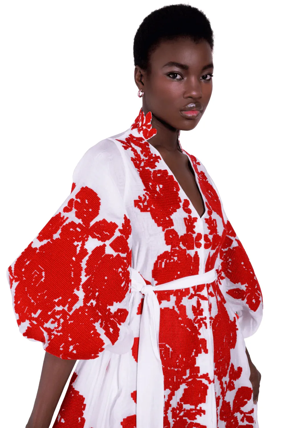 White embroidered dress with red roses