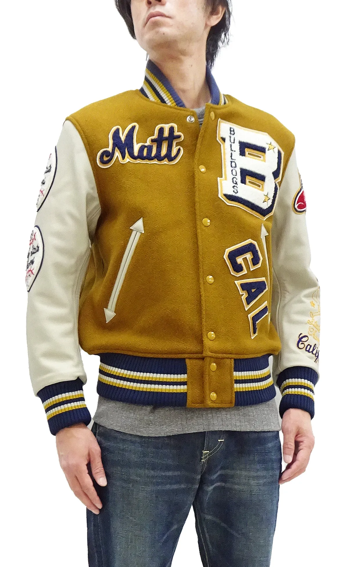 Whitesville Varsity Jacket Men's Letterman Jacket Melton x Leather Award Jacket WV15385 WV15385-156 Gold/Ivory