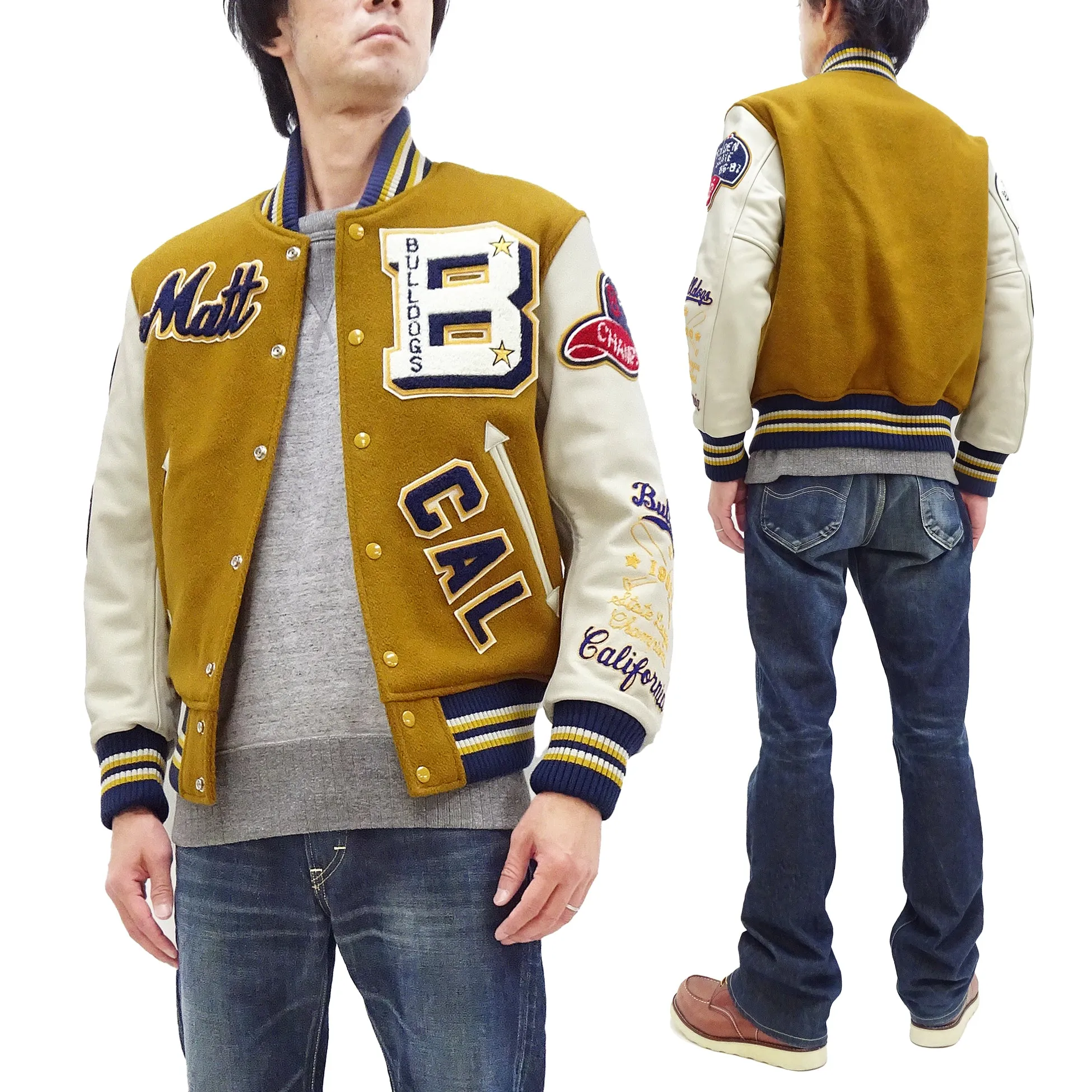 Whitesville Varsity Jacket Men's Letterman Jacket Melton x Leather Award Jacket WV15385 WV15385-156 Gold/Ivory