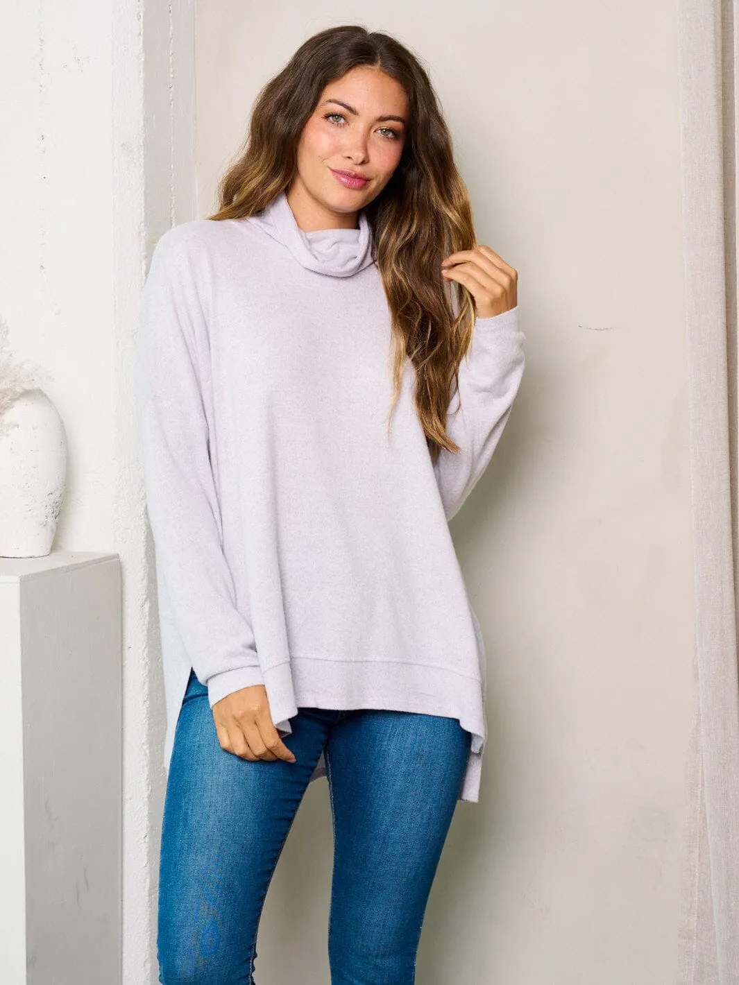WOMEN'S LONG SLEEVE MOCK NECK HIGH-LOW TUNIC TOP