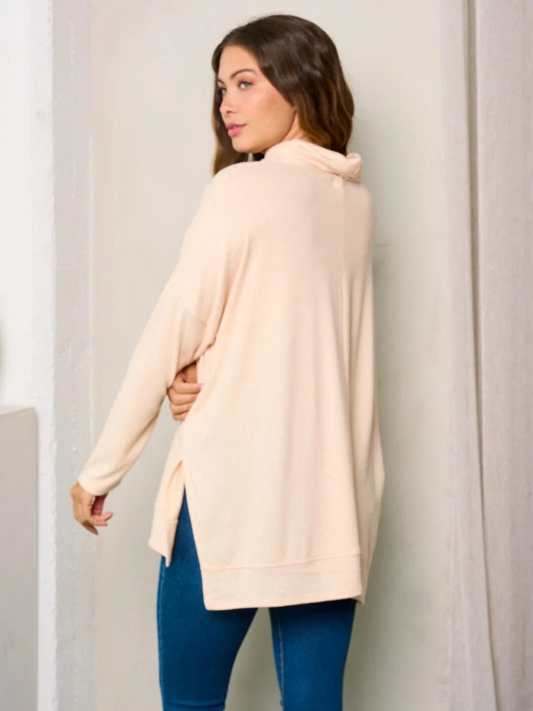 WOMEN'S LONG SLEEVE MOCK NECK HIGH-LOW TUNIC TOP