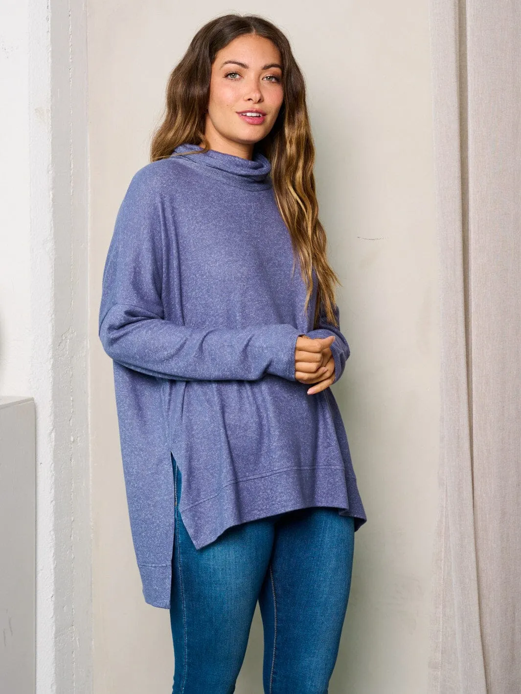 WOMEN'S LONG SLEEVE MOCK NECK HIGH-LOW TUNIC TOP